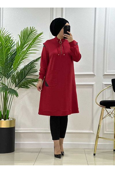 masalabiyem 24561 K 70 Red Leather Detail Pocket Tunic