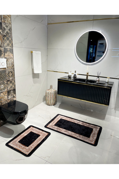 Brillant Bordürlü Desenli 2'li Lateks Deri Taban Banyo Paspas Takımı (60X100 ...