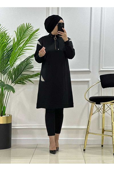 masalabiyem 24561 K 70 Black-Gray Leather Detail Pocket Tunic
