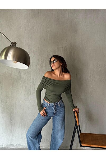 minaaise Kadın Haki Madonna Yaka Likralı Viskon Uzun Kollu Bluz 28218