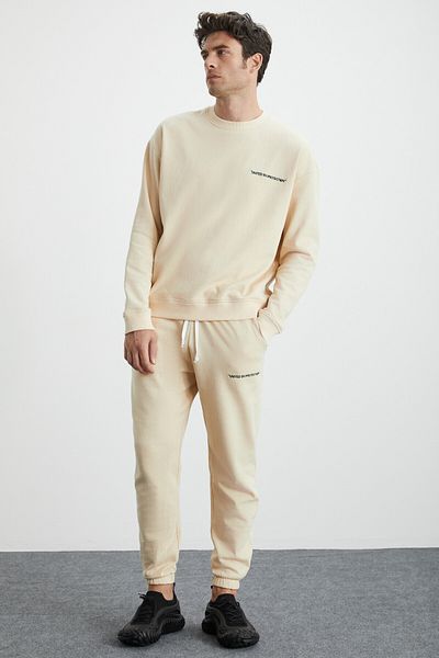 GRIMELANGE Darrıt Men's Organic Fabric Fleece Inside Text Embroidered Jogger Vanilla Sweatpants