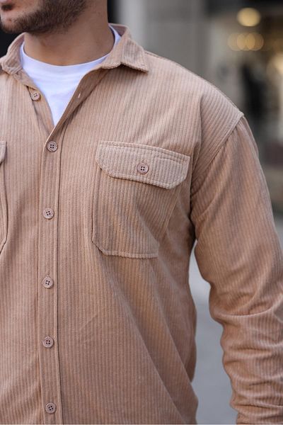 Valiberta Double Pocket Wedge Corduroy Shirt for Men - Beige