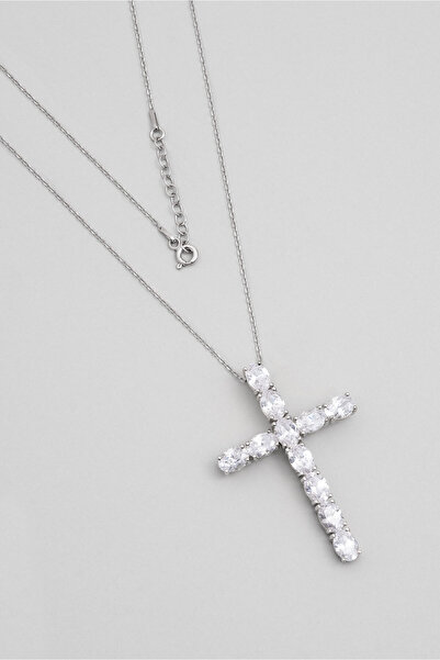 So CHIC... Beyaz Taşlı 18 Ayar Beyaz Altın Kaplama Gümüş Haç Kolye
