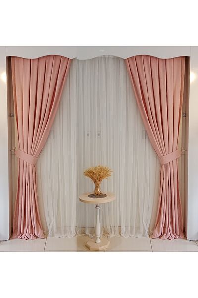 FİGENSİ 1/3 Close Pleated Stitched Velvet Curtain - Light Powder Color, Double Wing V-24