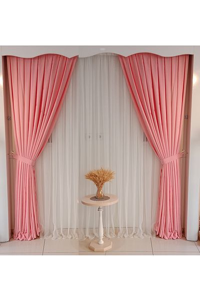 FİGENSİ Pink Color Background Velvet Curtain Double Wing 1/3 Close Pleated Planting V-26