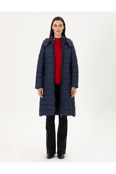 Pierre Cardin معطف طويل مبطن بغطاء للرأس باللون الأزرق الداكن 50297299-VR033