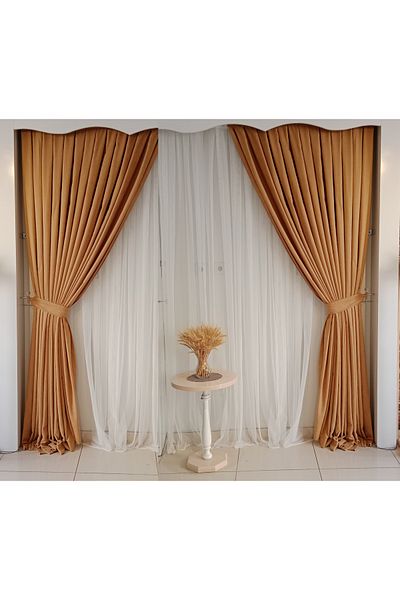 FİGENSİ Tomruk Color Background Velvet Curtain Double Wing 1/3 Close Pleated Planting V-09