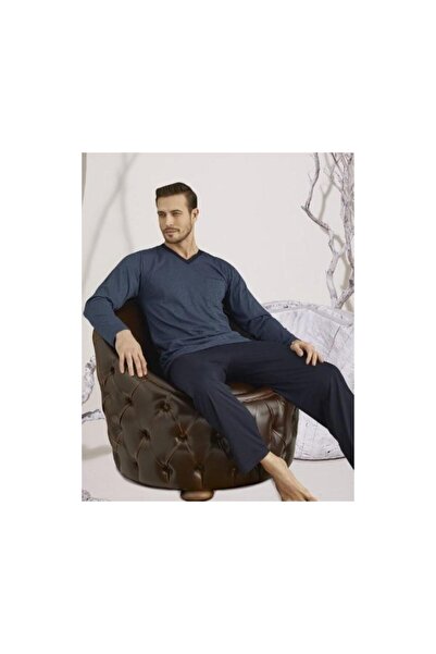 KLY Costum de pijama cu mânecă lungă cu decolteu în V 9107 ALBASTRU ÎNCHIS