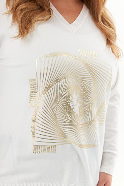 RMG Πλεκτό πουλόβερ με λαιμόκοψη V με σχέδιο κασμίρ - εκρού