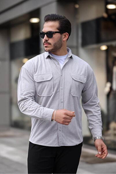 Valiberta Çift Cepli Dolgu Fitilli Erkek Kadife Gömlek - Açık Gri