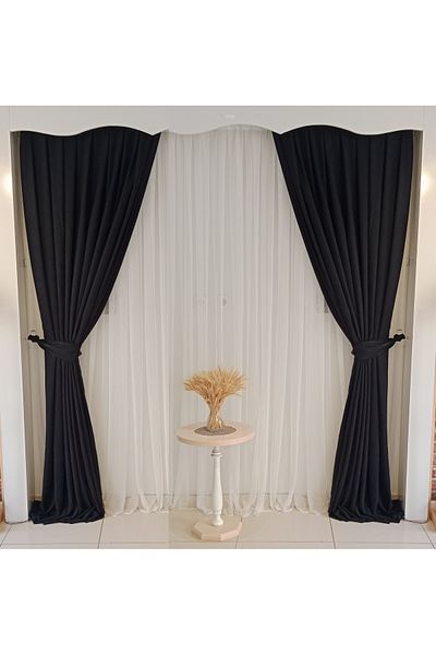 FİGENSİ Black Color Background Velvet Curtain Double Wing 1/3 Close Pleated Planting V-45