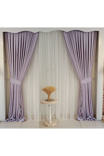 FİGENSİ Light Lilac Color Background Velvet Curtain Double Wing 1/3 Close Pleated Planting V-31