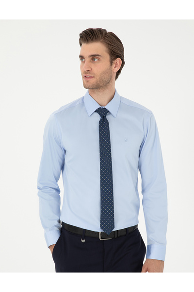 Pierre Cardin Koyu Mavi Parlak Saten Slim Fit Uzun Kollu Basic Gömlek 50292520-VR032