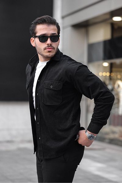 Valiberta Double Pocket Wedge Corduroy Shirt for Men - Black