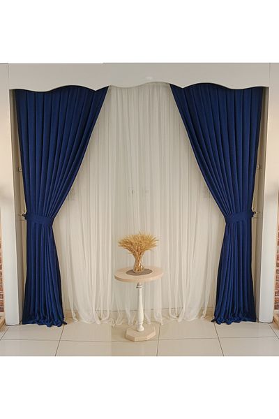 FİGENSİ Dark Blue Double Winged Velvet Curtain - 1/3 Close Pleated Sewing V-34