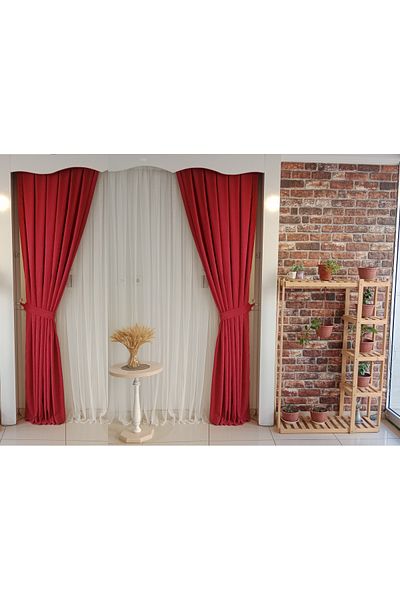 FİGENSİ Red Velvet Curtain - Double Blades, Close Pleated Planting V-39