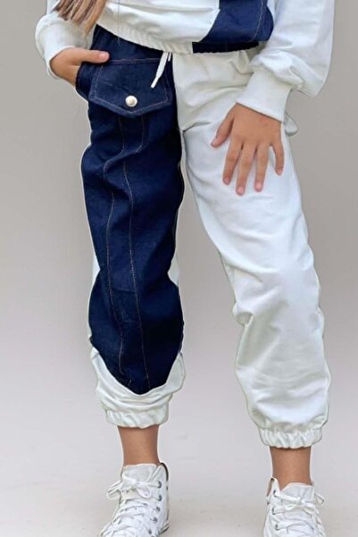 Riccotarz Kız Çocuk Kot Detaylı Cepli Aplike Beyaz Eşofman Takım