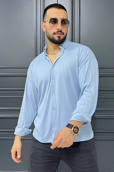 MİSHAR İTALİA Мъжка синя жакардова риза с дълъг ръкав