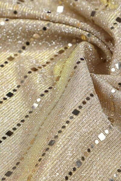 Kumaş Deposu Pırıltı Vika Şerit Pullu ve Simli Açık Gold Abiye Kumaş