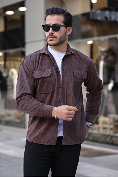 Valiberta Мъжка кадифена риза с двойни джобове и подплата - Кафе