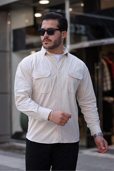 Valiberta Men's Velvet Shirt - Double Pockets, Ribbed Padded, Stone Color
