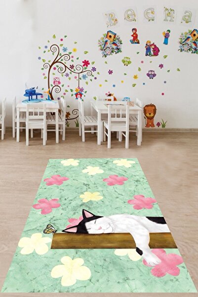 on the clouds Çiçek Desen UYuyan Kedi Yıkanabilir Kaymaz Taban Leke Tutmaz Ço...