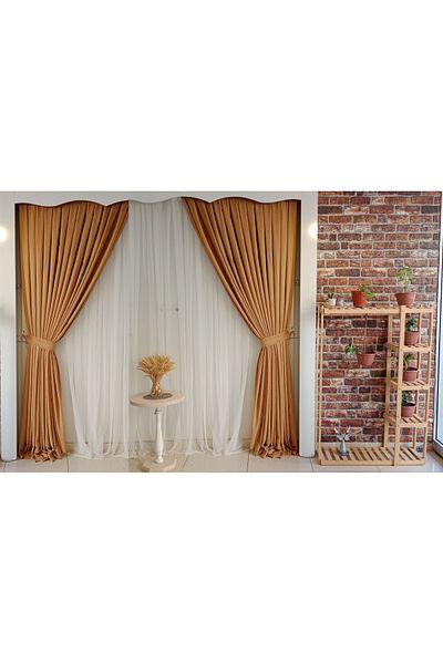 FİGENSİ Tomruk Color Background Velvet Curtain Double Wing 1/3 Close Pleated Planting V-09