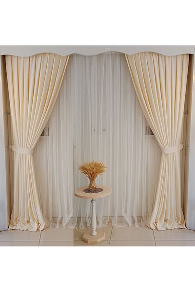 FİGENSİ Beige Velvet Curtain - Double Blades, 1/3 Close Pleated Sewing V-02