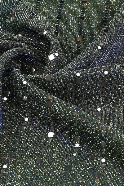 Kumaş Deposu Pırıltı Vika Şerit Pullu ve Simli Haki Abiye Kumaş