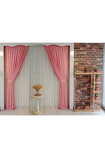 FİGENSİ Pink Color Background Velvet Curtain Double Wing 1/3 Close Pleated Planting V-26