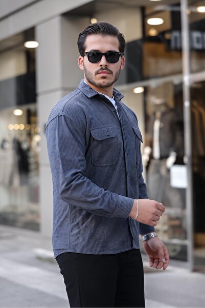 Valiberta Cămașă din catifea pentru bărbați - Buzunar dublu, nervurat, afumat