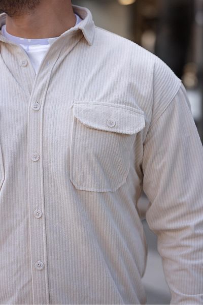 Valiberta Men's Velvet Shirt - Double Pockets, Ribbed Padded, Stone Color