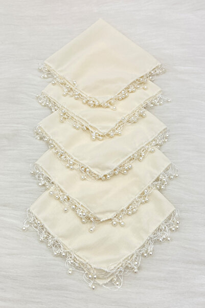 ZEYMERADE Krem Kristal Cam Boncuklu Gelin Damat Mendili, 5 Adet, Düğün Kına Sünnet Nişan Halay Nedime Hediye