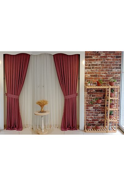 FİGENSİ Dark Rose Velvet Curtain - Double Blades, Close Pleated, V-28 Model