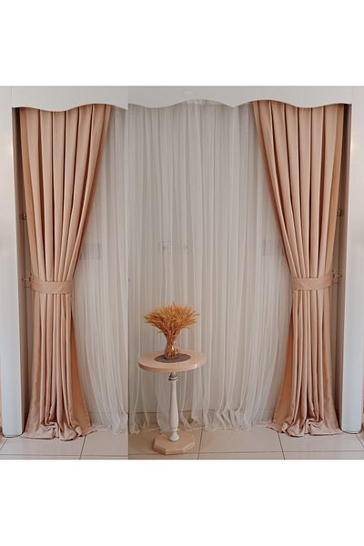 FİGENSİ Light Mink Velvet Curtain - Double Wing, Close Pleated Planting V-05