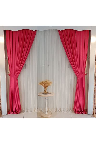 FİGENSİ Fuchsia Pink Color Background Velvet Curtain Double Wing 1/3 Close Pleated Planting V-38
