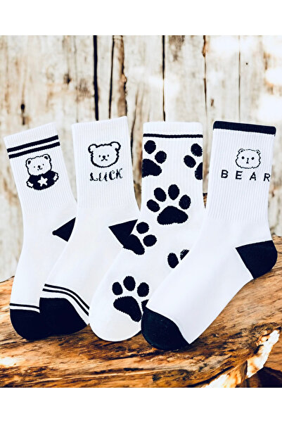 Çorabistaan 4 Çift Siyah Beyaz Teddy Bear Sevimli Ayı Desenli Kadın Kolej Ten...