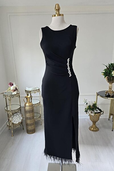 Yonca Moda Evi Siyah BELİ TAŞLI OTRİŞLİ ELBİSE 8276