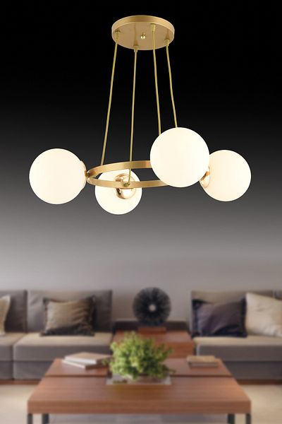 SONSUZ AYDINLATMA&AVİZE Endless Antique 4-Piece Ring White Globe Glass Modern Chandelier