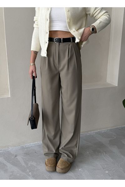 Laluvia Khaki Idole Belted Palazzo Kalhoty-3510