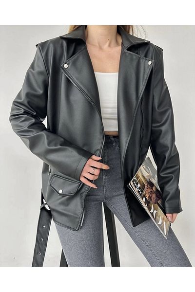 MEYASU Women's Large Size Black Belted Long Leather Jacket