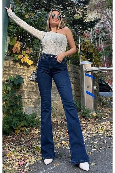 WODDİ Duryn JuliaJnsWorlds Anii 90, albastru bleumarin, talie înaltă, pantaloni confort din denim din lycra, blugi