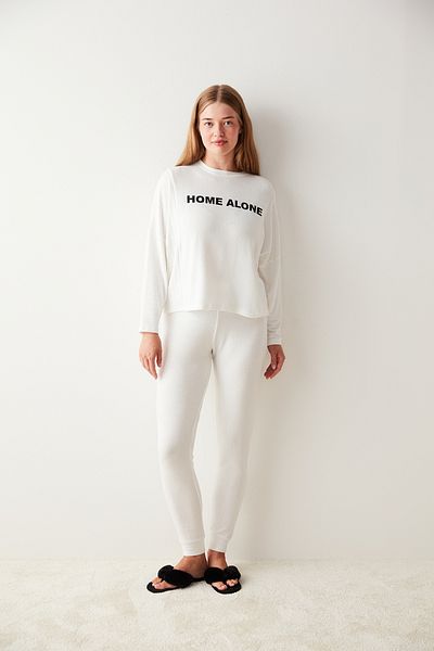 Penti Set de pijamale cu pantaloni termici, alb, singur acasă