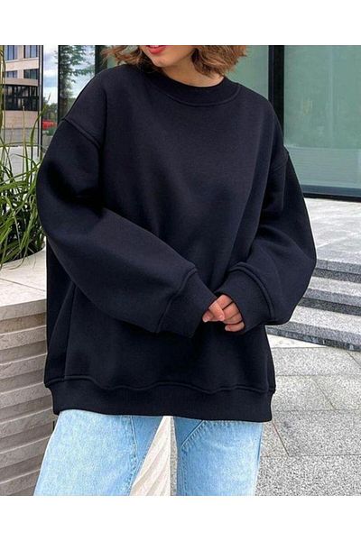 NO 601 Women's Dark Black Crew Neck Hoodless Sweat