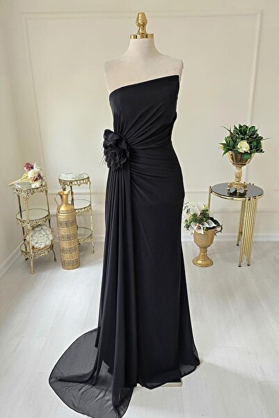 Yonca Moda Evi Siyah GÜLLÜ ŞİFON ABİYE 1131