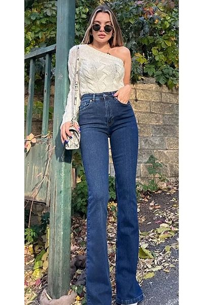 WODDİ Duryn JuliaJnsWorlds Anii 90, albastru bleumarin, talie înaltă, pantaloni confort din denim din lycra, blugi