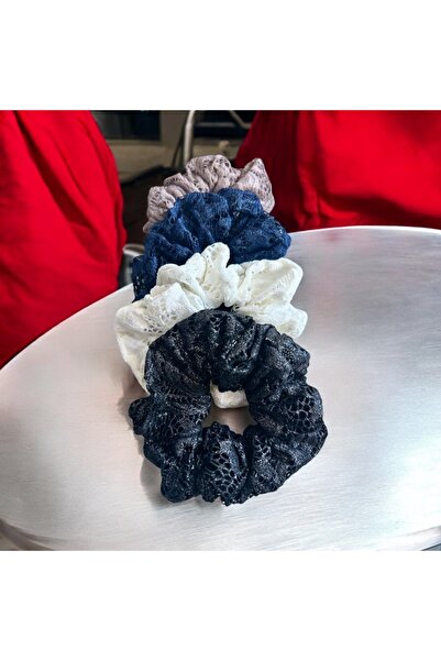 alsaccessories Set de 4 catarame Simit pentru femei Guipure Scrunhie negru, alb, bleumarin, crem