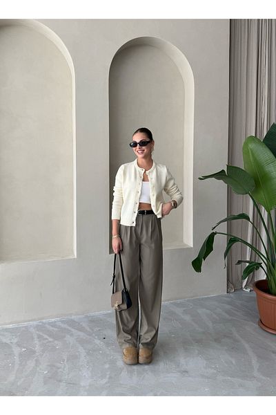 Laluvia Khaki Idole Belted Palazzo Kalhoty-3510