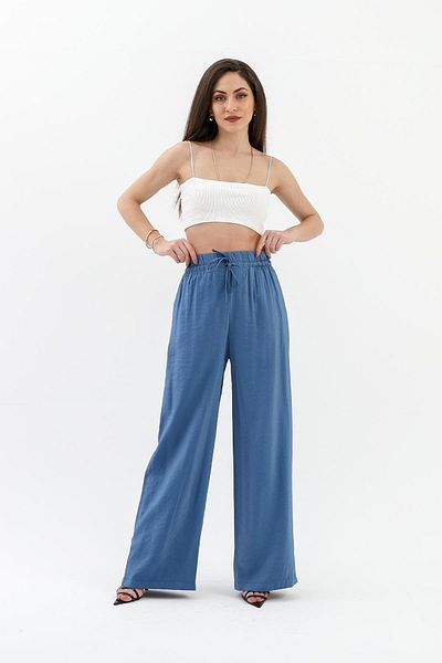 VAPUR TEKSTİL Indigo - Shiny Linen Trousers with Pockets and Elastic Waist