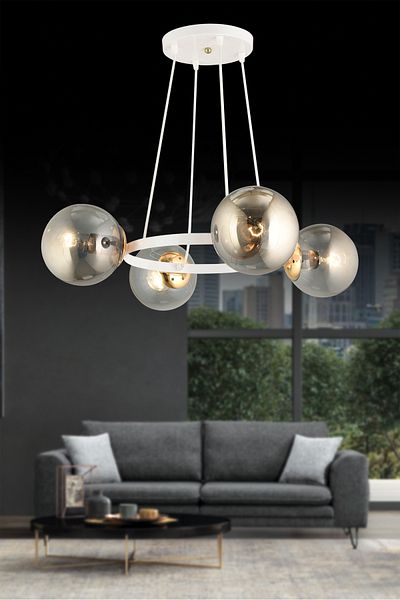 SONSUZ AYDINLATMA&AVİZE Endless White 4-Piece Ring Smoked Globe Glass Modern Chandelier
